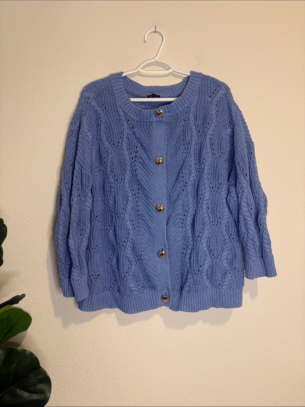 Talbots Plus 2x Light Blue Cable-Knit Cardigan with gold buttons 100% cotton